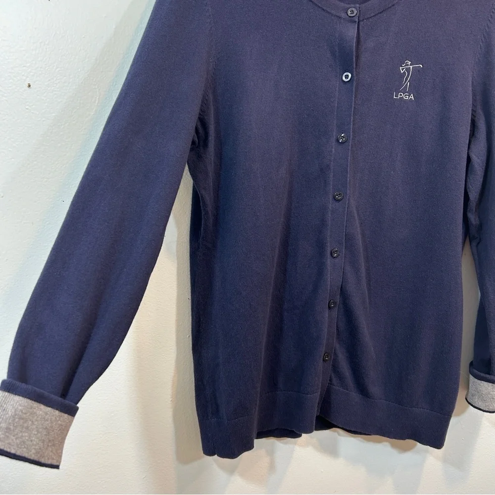 Cutter & Buck Navy Blue Cardigan LPGA Gray Cuffs Women’s Preppy Golf Activewear